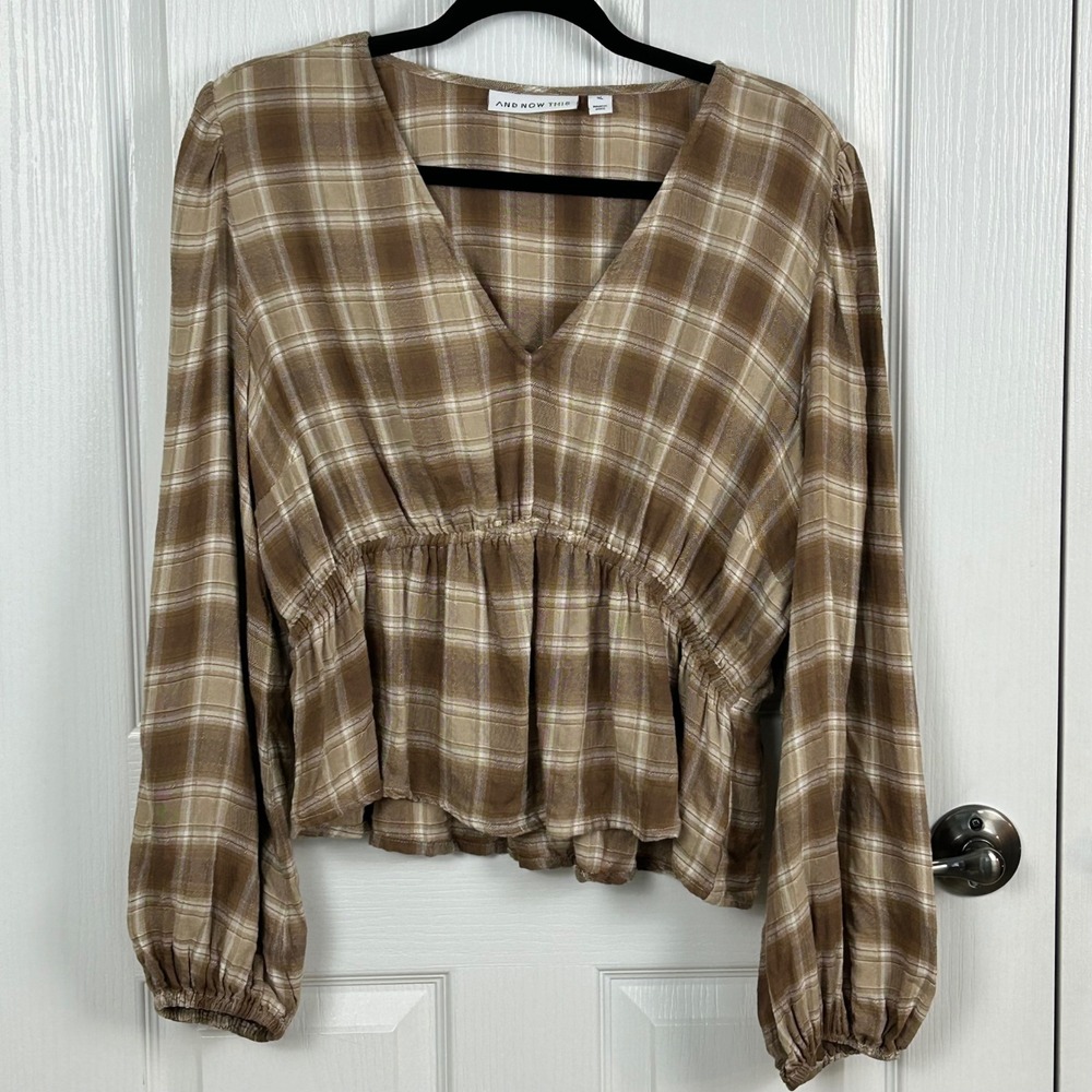 And Now This Brown Plaid Flannel Cropped Long Sleeve Peplum Blouse‎ XL